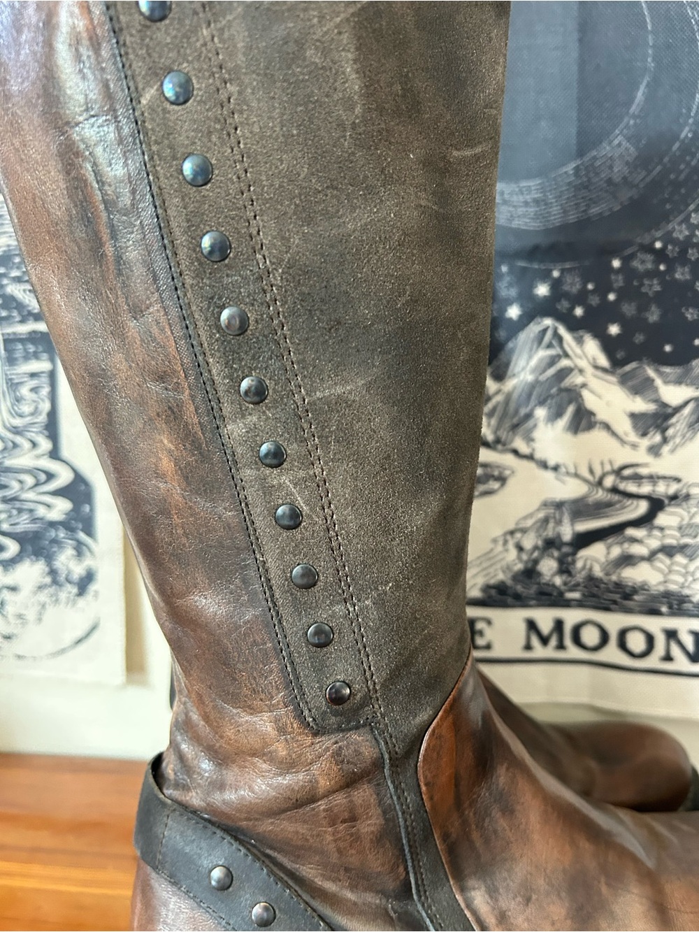 Casta Roma Taupe Tall Leather Riding Boots Distressed Moto Studded - Picture 8 of 9